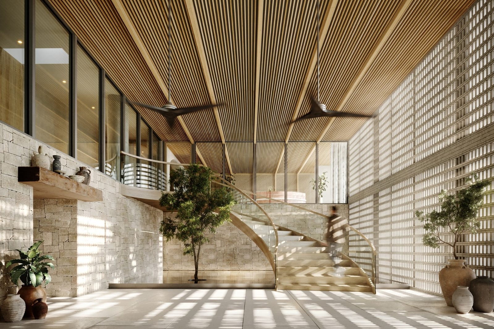 The Well Bay Harbor lobby with stonework, staircase, and natural light